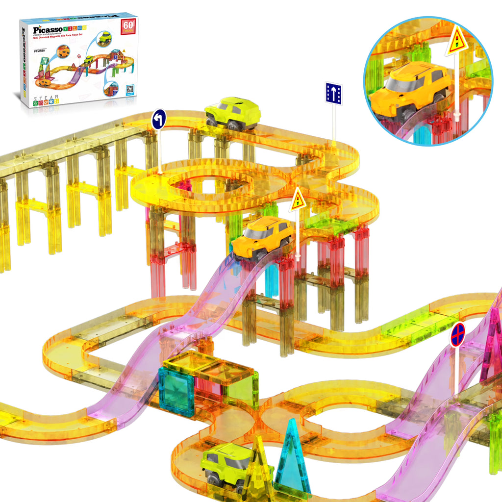 Picassotiles Mini Magnetic Race Track Tiles for Kids – 60PCS STEM Construction Building Blocks Toy Set with Racing Car, Travel Size