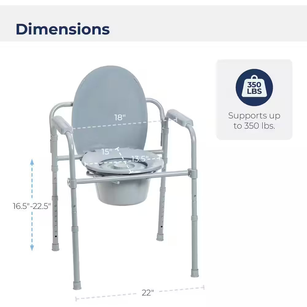 22.2 In. X 22.5 In. Folding Steel Bedside Commode Chair Portable Toilet Seat Supports Bariatric Individuals in Gray