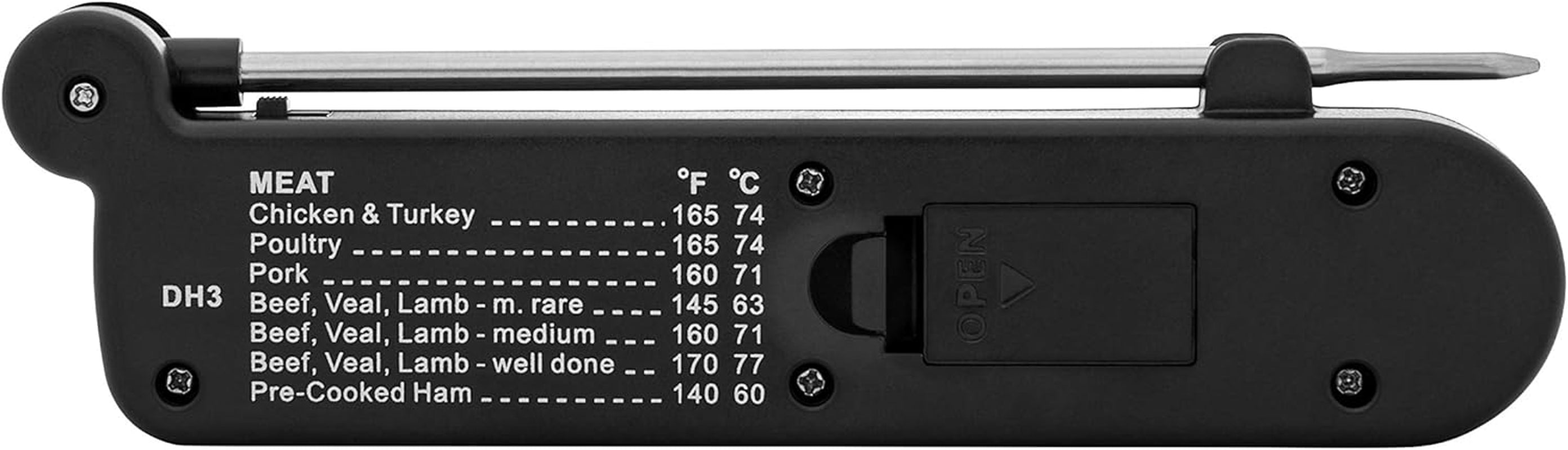 DH3 Folding Digital Kitchen Thermometer, Stainless Steel Folding Probe Black, Universal