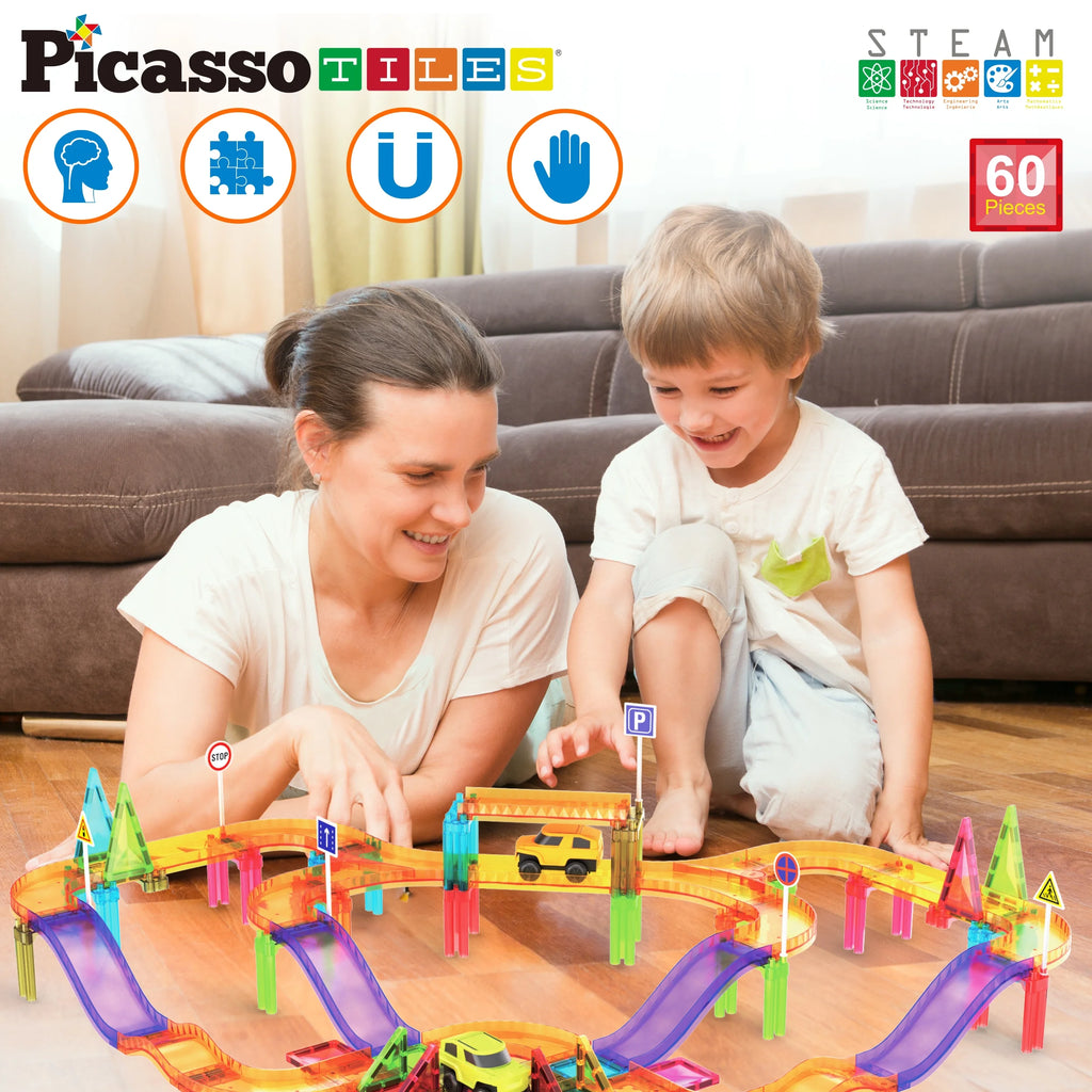 Picassotiles Mini Magnetic Race Track Tiles for Kids – 60PCS STEM Construction Building Blocks Toy Set with Racing Car, Travel Size
