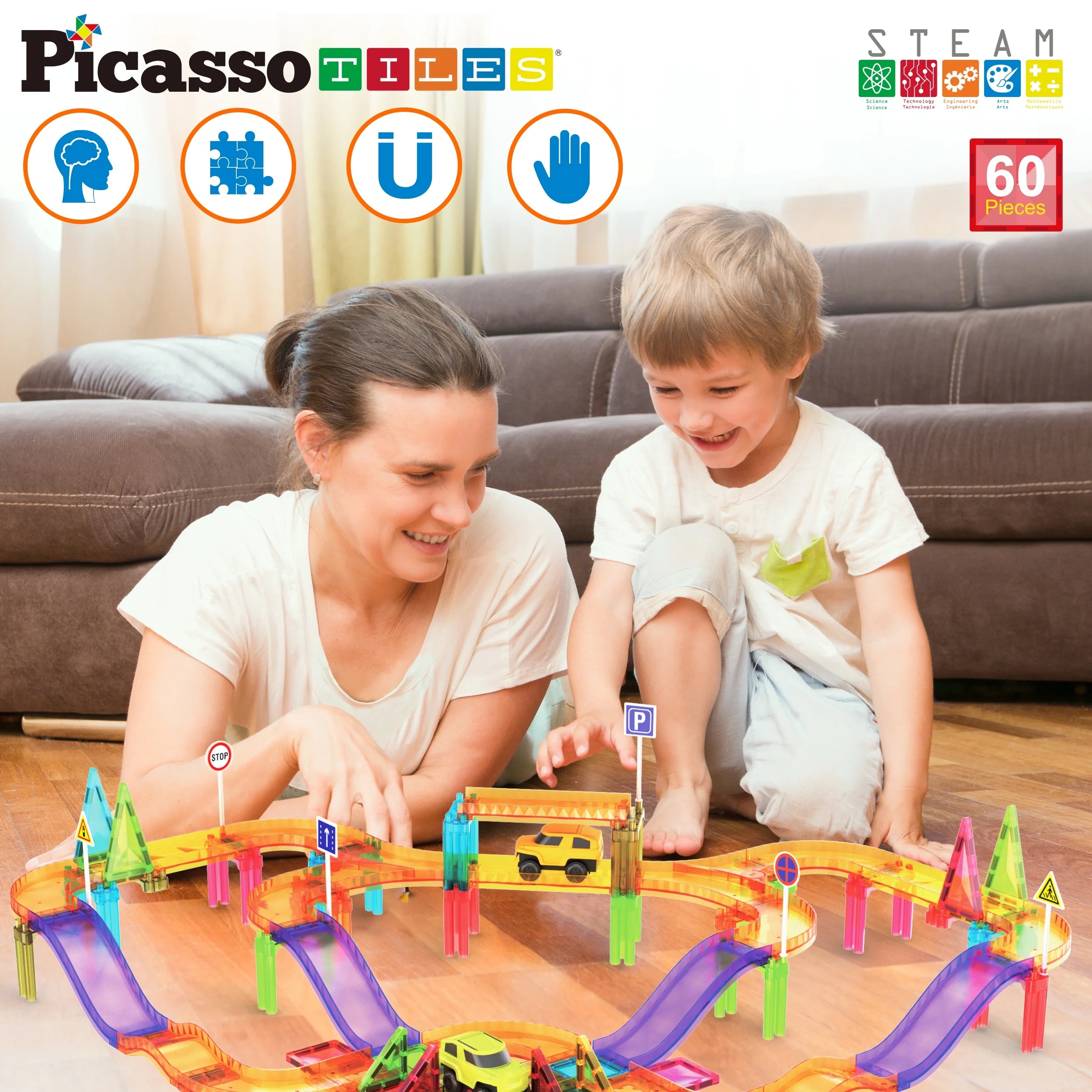 Picassotiles Mini Magnetic Race Track Tiles for Kids – 60PCS STEM Construction Building Blocks Toy Set with Racing Car, Travel Size