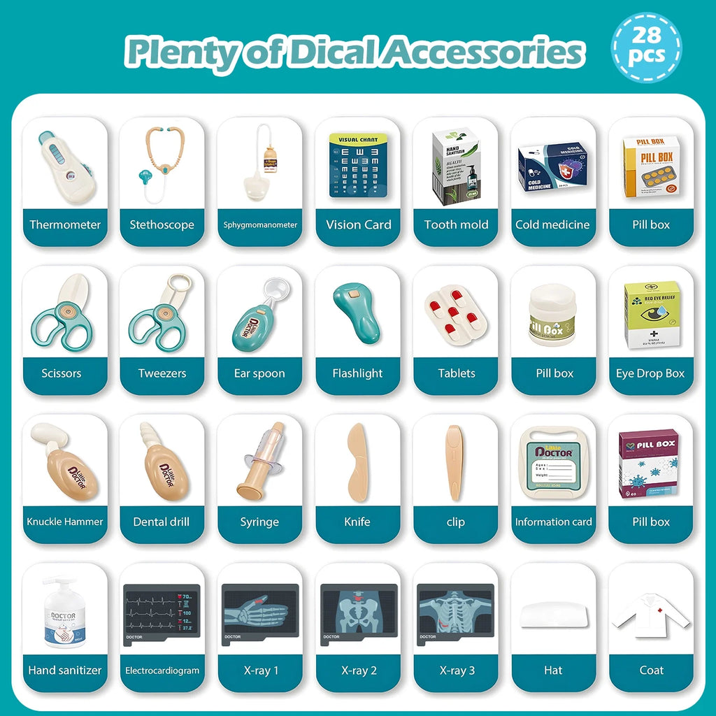 28PCS Doctor Kit for Kids, Pretend Medical Station Toy Set for Girls Boys, Mobile Cart Doctor Role Play Toys for Toddler Gift Age 3+