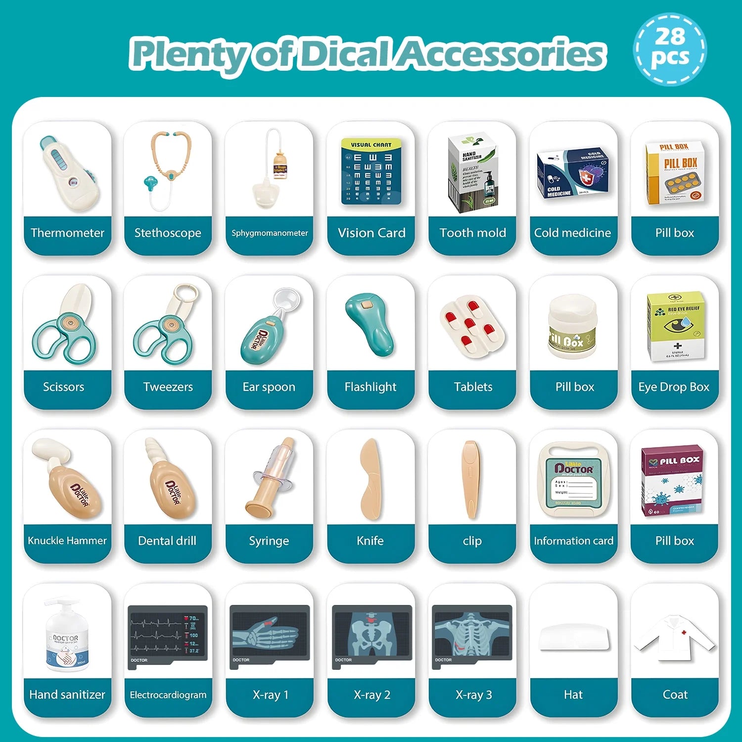 28PCS Doctor Kit for Kids, Pretend Medical Station Toy Set for Girls Boys, Mobile Cart Doctor Role Play Toys for Toddler Gift Age 3+