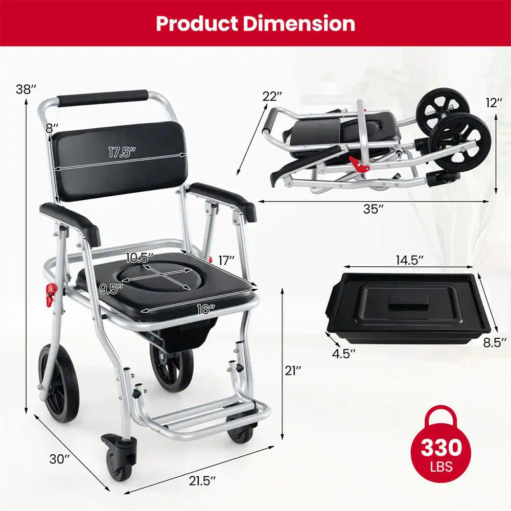 30 In. X 21.5 In. 4-In-1 Bedside Commode Chair Toilet Seat with Brakes, Bucket Footrest Padded Seat & Backrest