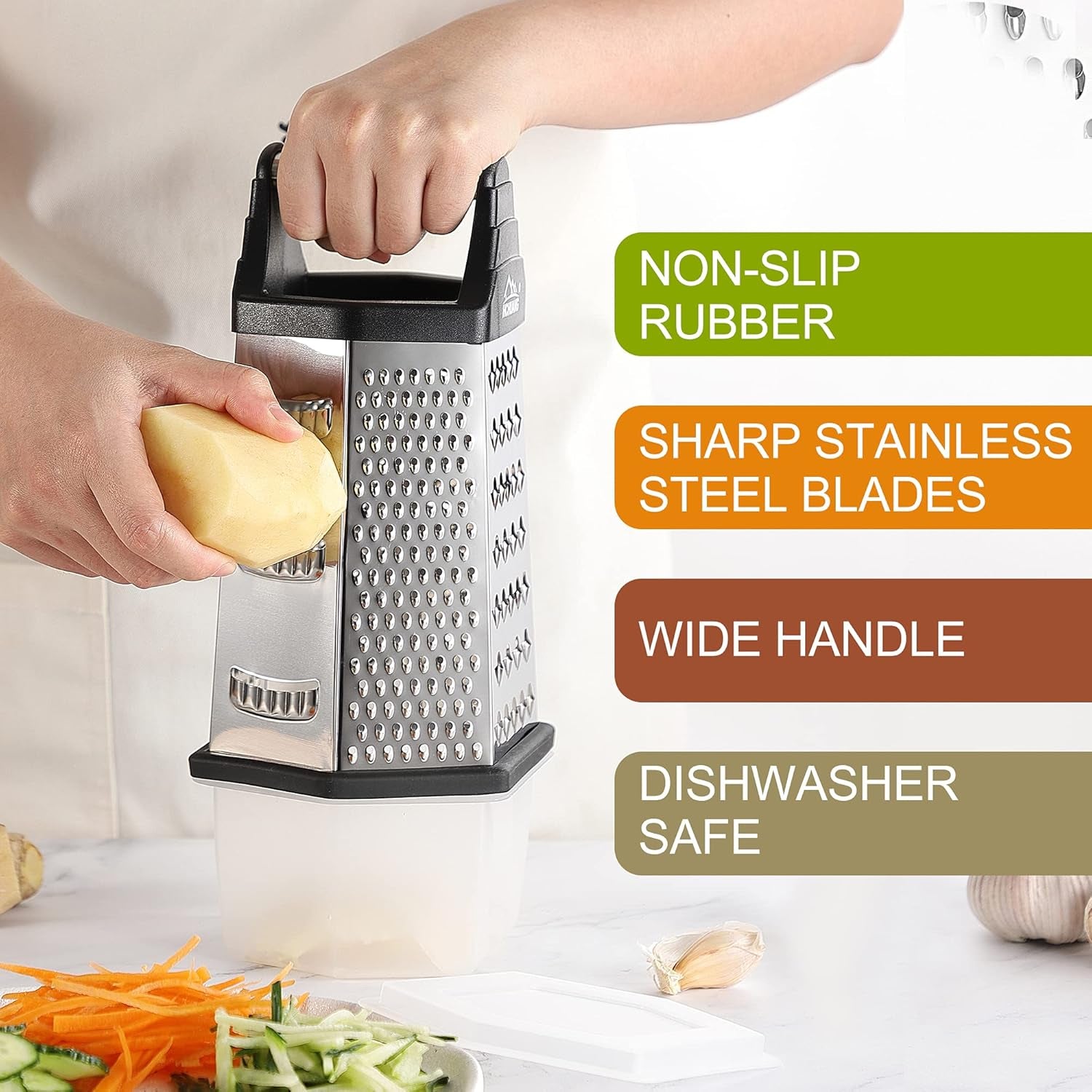 Professional Box Grater,Nonstick Coating Stainless Steel with 6 Sides - Vegetable Chopper, Kitchen Cutter, Shredder for Cheese & Vegetables (6-In-1)