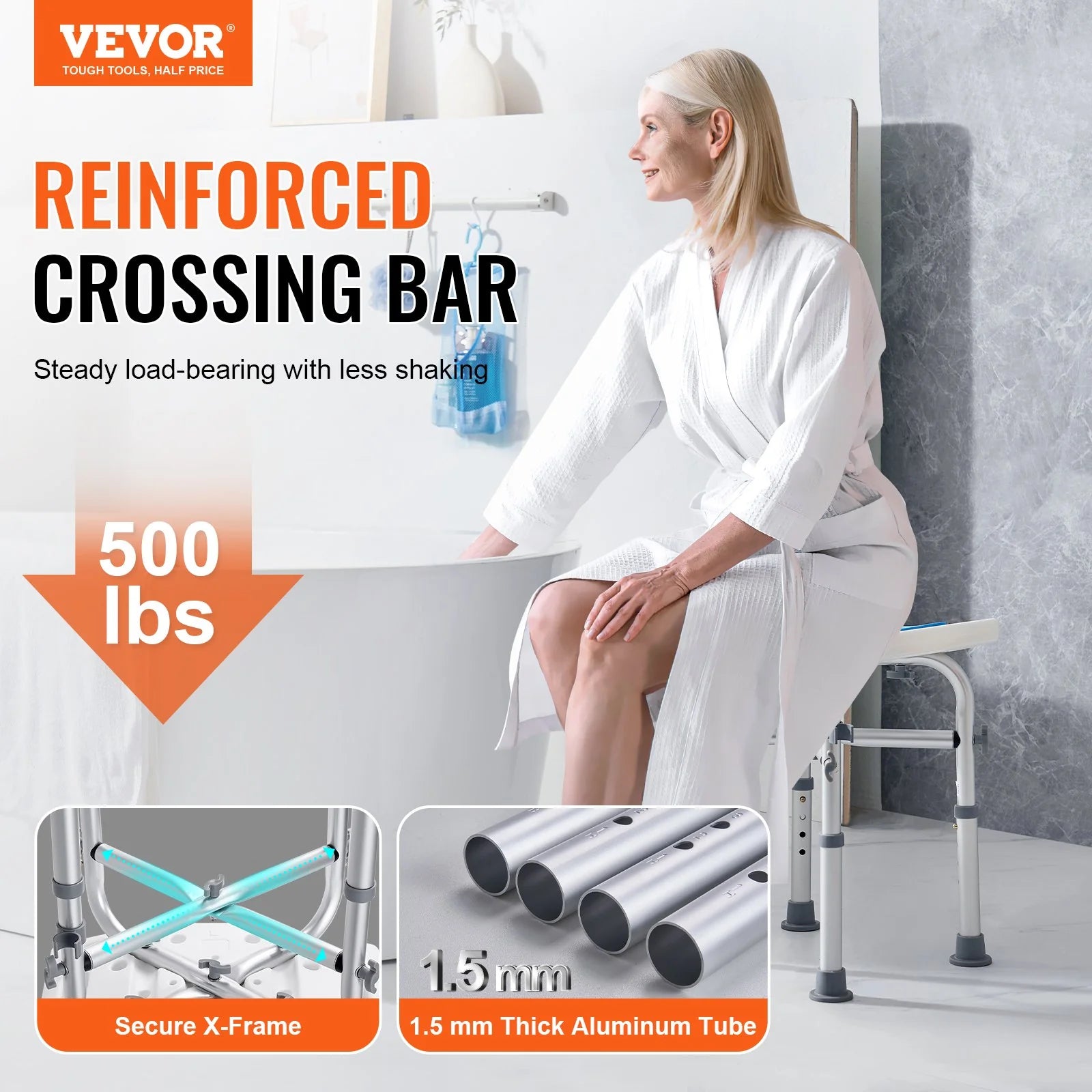 VEVOR Shower Chair for inside Shower, Adjustable Height Shower Stool with Crossbar Support, Shower Seat for Shower Tub, Non-Slip Bench Bathtub Stool Seat for Elderly Disabled Adults Handicap, 500 Lbs
