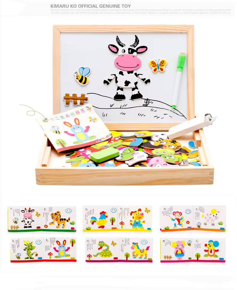 Wooden Multifunction Children Animal Puzzle Writing Magnetic Drawing Board Blackboard Learning Education Toys for Kids