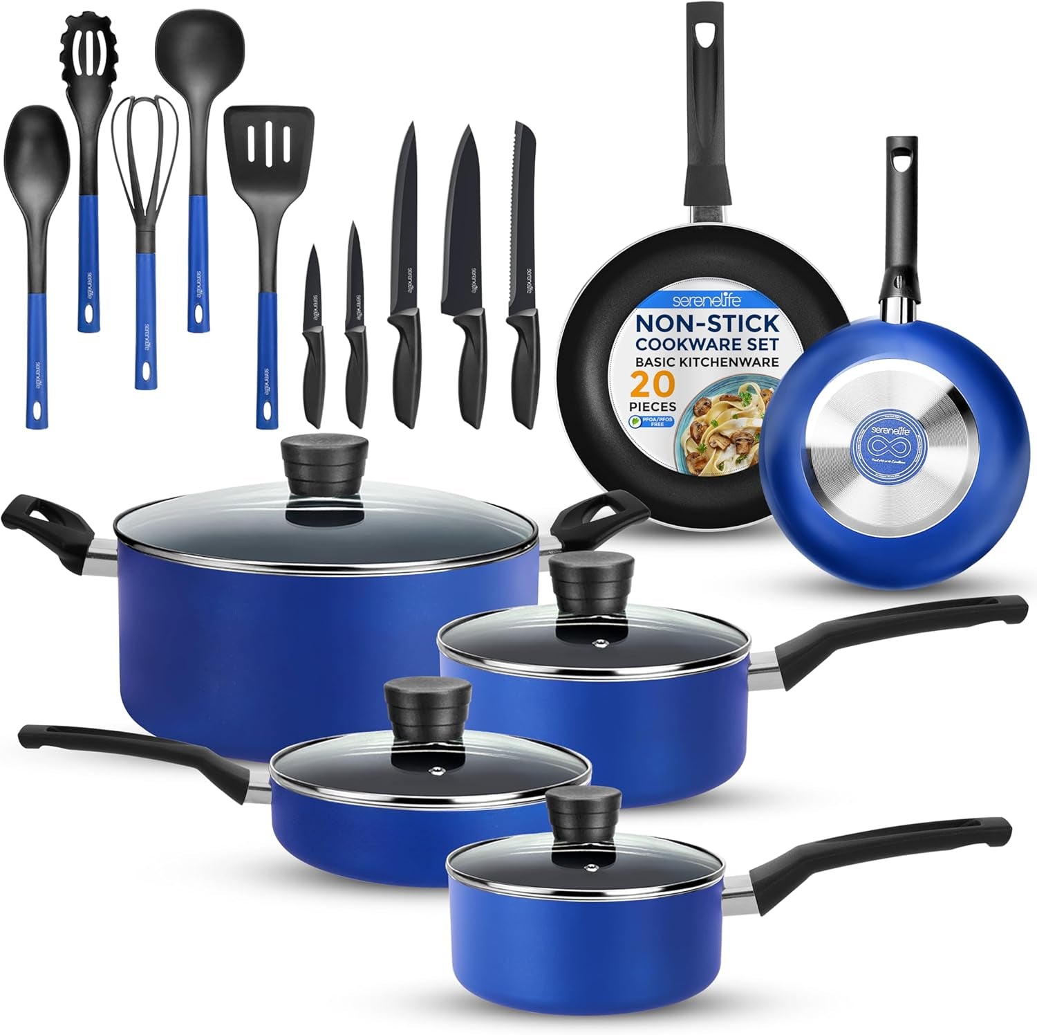20-Piece Blue Cookware Set with Knives - Includes Multi-Sized Pots and Pans Set Non Stick with Lids and Utensils, Heat Resistant, Dishwasher Safe
