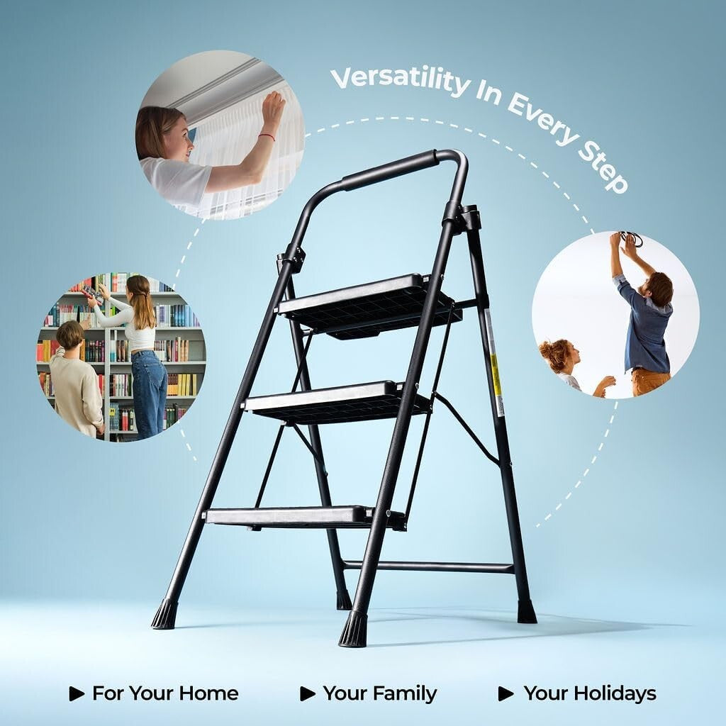 3-Step Folding Ladder Lightweight Steel with Anti-Slip Pedals for Home & Office