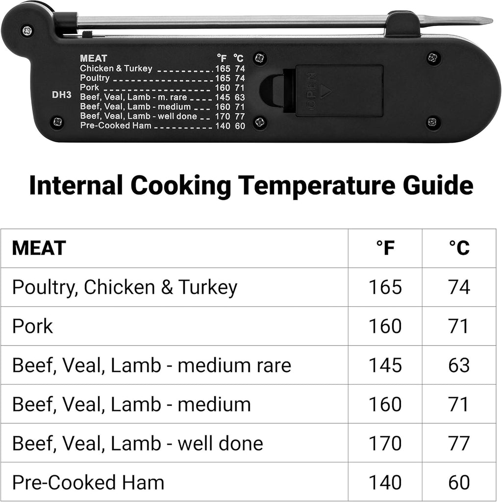 DH3 Folding Digital Kitchen Thermometer, Stainless Steel Folding Probe Black, Universal