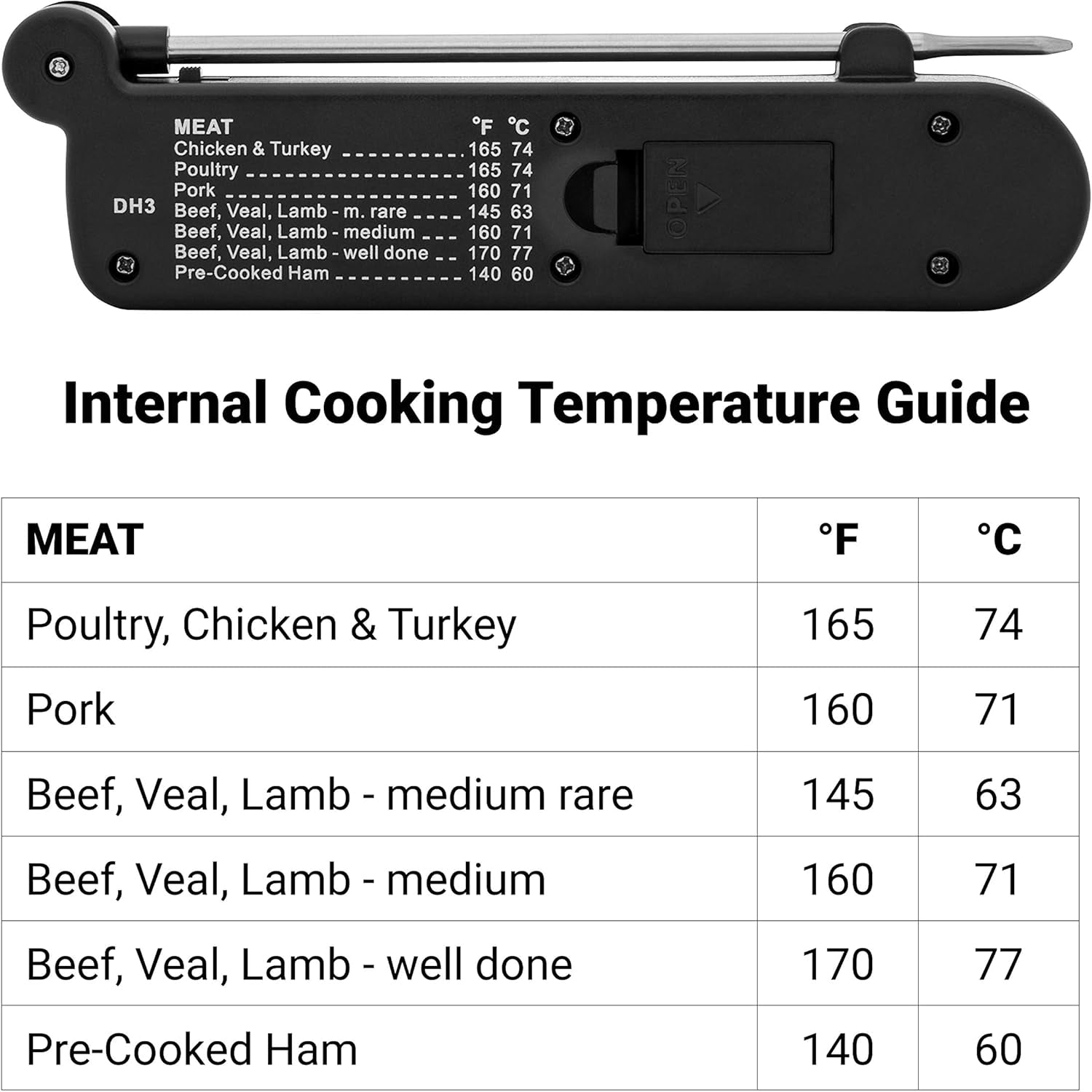 DH3 Folding Digital Kitchen Thermometer, Stainless Steel Folding Probe Black, Universal