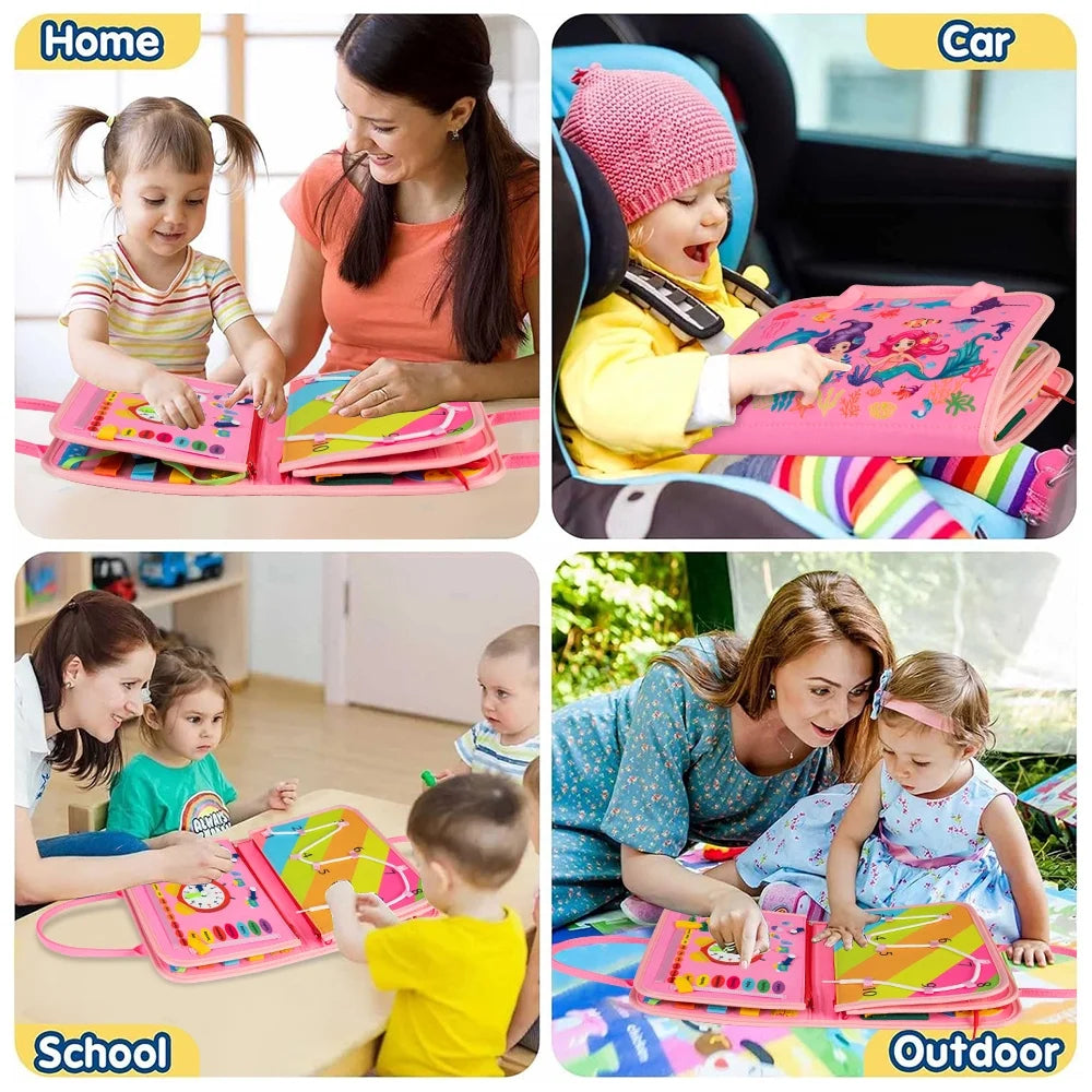 Busy Board Montessori Toys for Toddler Girls Birthday Gifts, Busy Book Learning Toy for Toddlers 1-4, Educational Learning Toy for Airplane Car Travel, Pink