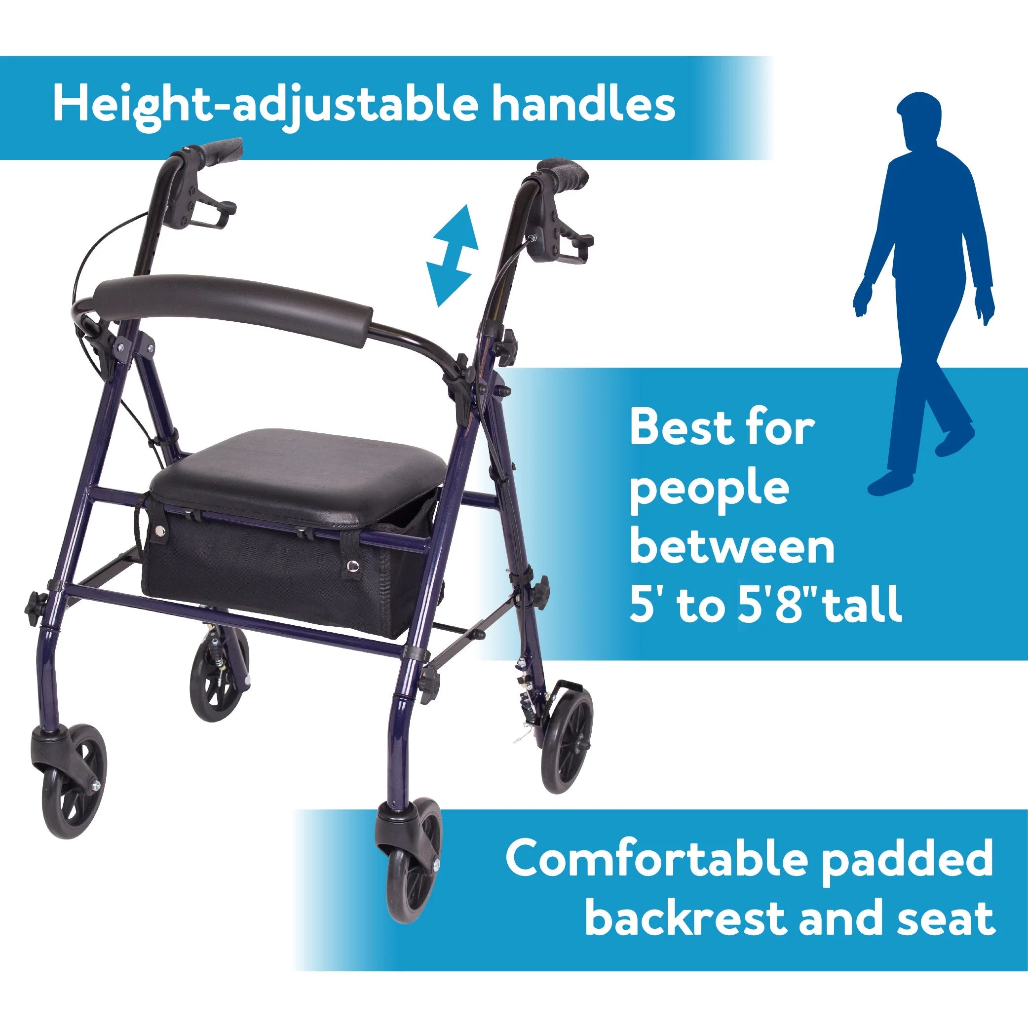 Steel Rollator Transport Walker with Padded Seat, 6" Wheels & Storage Pouch, 350 Lb Capacity
