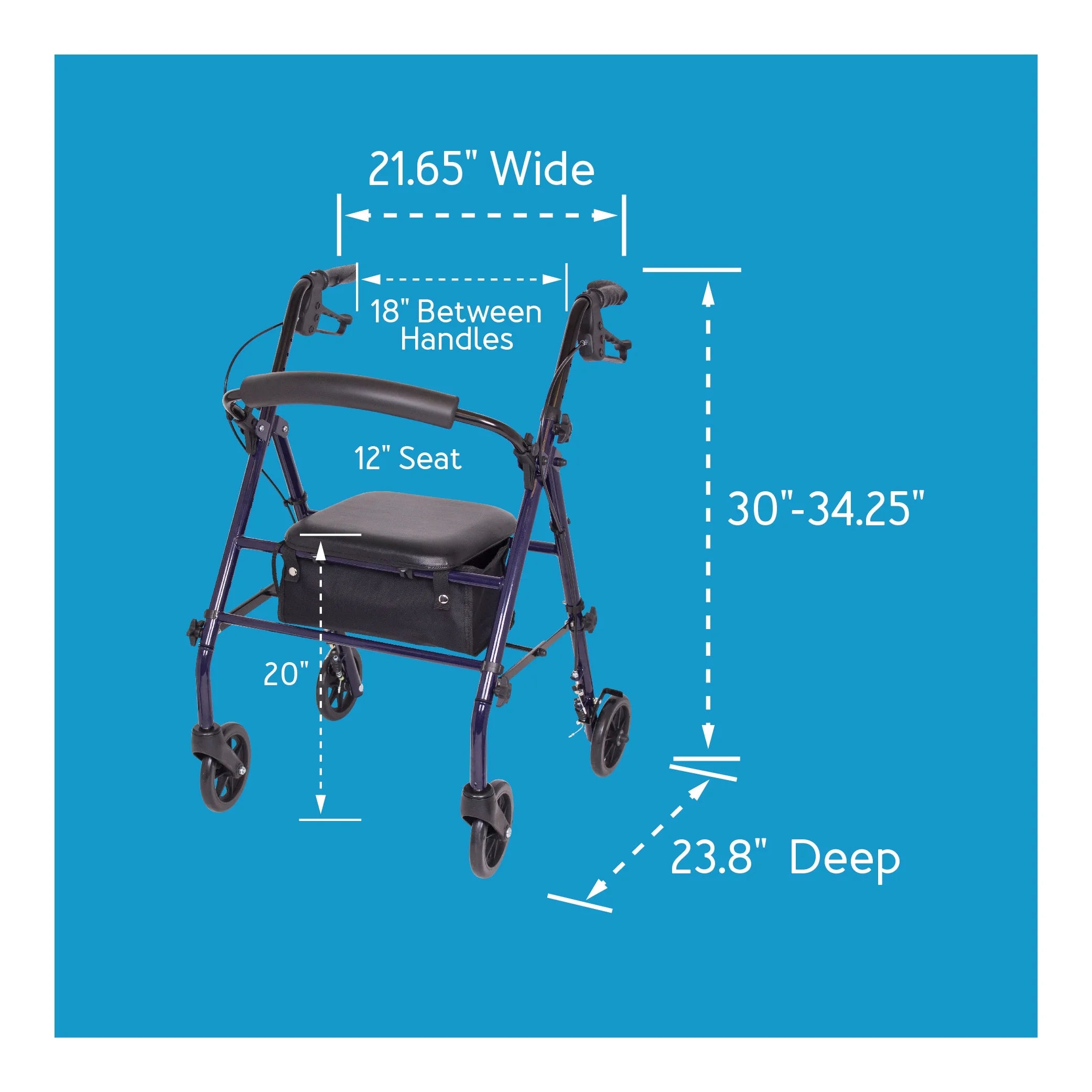 Steel Rollator Transport Walker with Padded Seat, 6" Wheels & Storage Pouch, 350 Lb Capacity