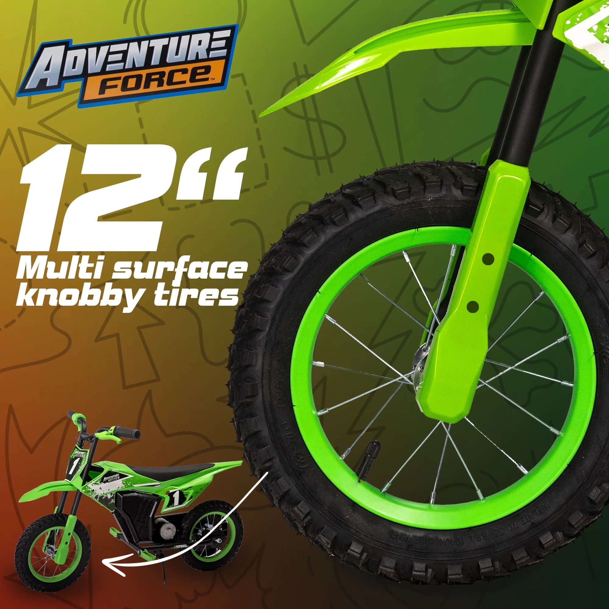 12V Electric Dirt Bike, Kids Battery Powered Ride On, Ages 5 Years and Up, Green