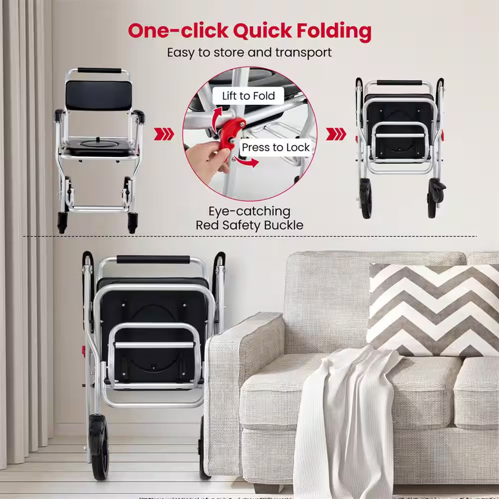 30 In. X 21.5 In. 4-In-1 Bedside Commode Chair Toilet Seat with Brakes, Bucket Footrest Padded Seat & Backrest