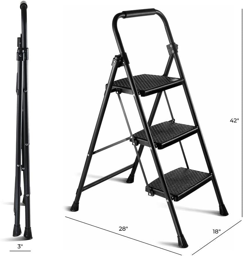3-Step Folding Ladder Lightweight Steel with Anti-Slip Pedals for Home & Office