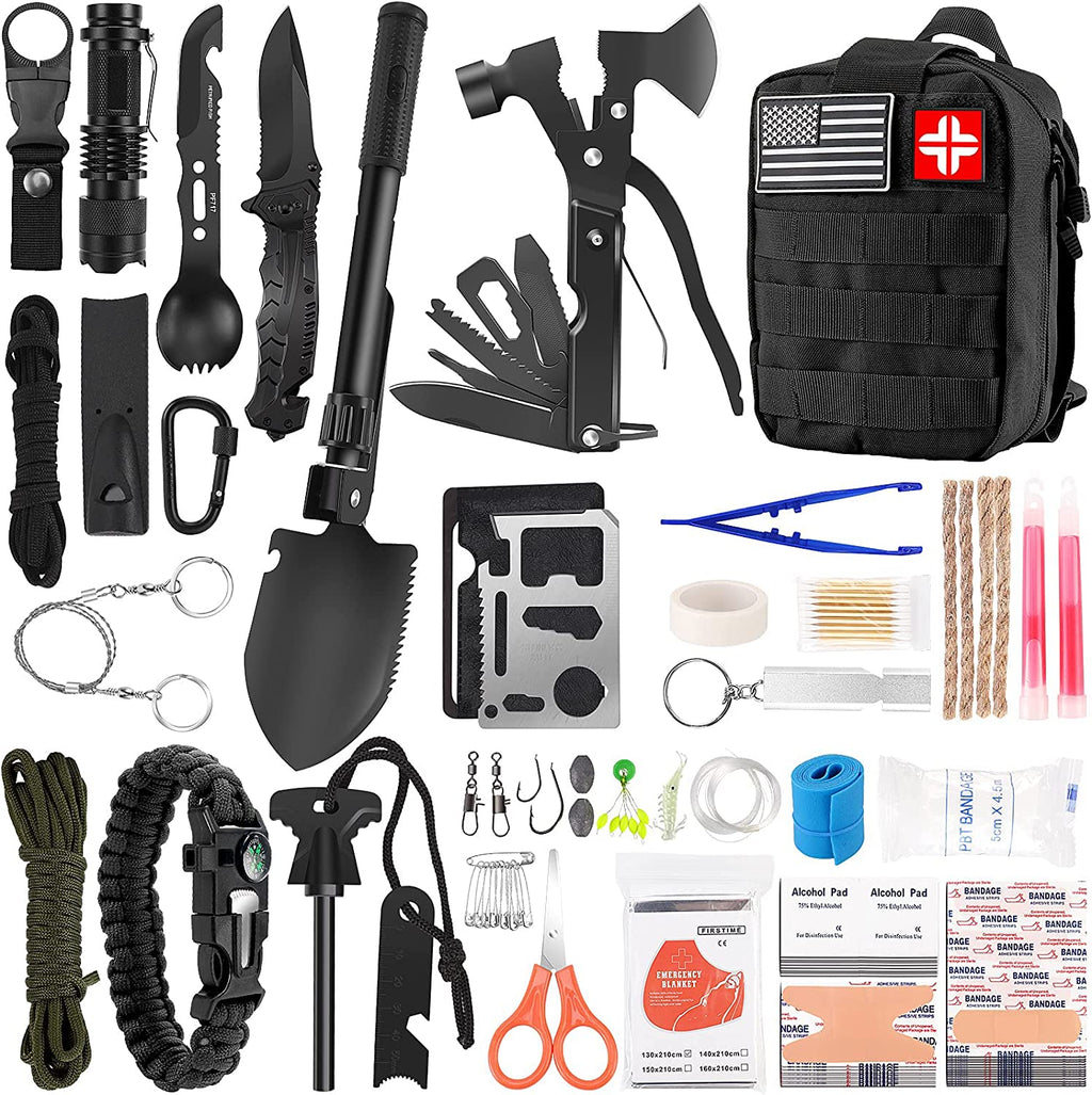Emergency Survival Kit and First Aid Kit, 142Pcs Professional Survival Gear and Supplies Equipment with Molle Pouch, Gift for Christmas Men Dad Husband Camping Hiking Hunting Outdoor Adventure