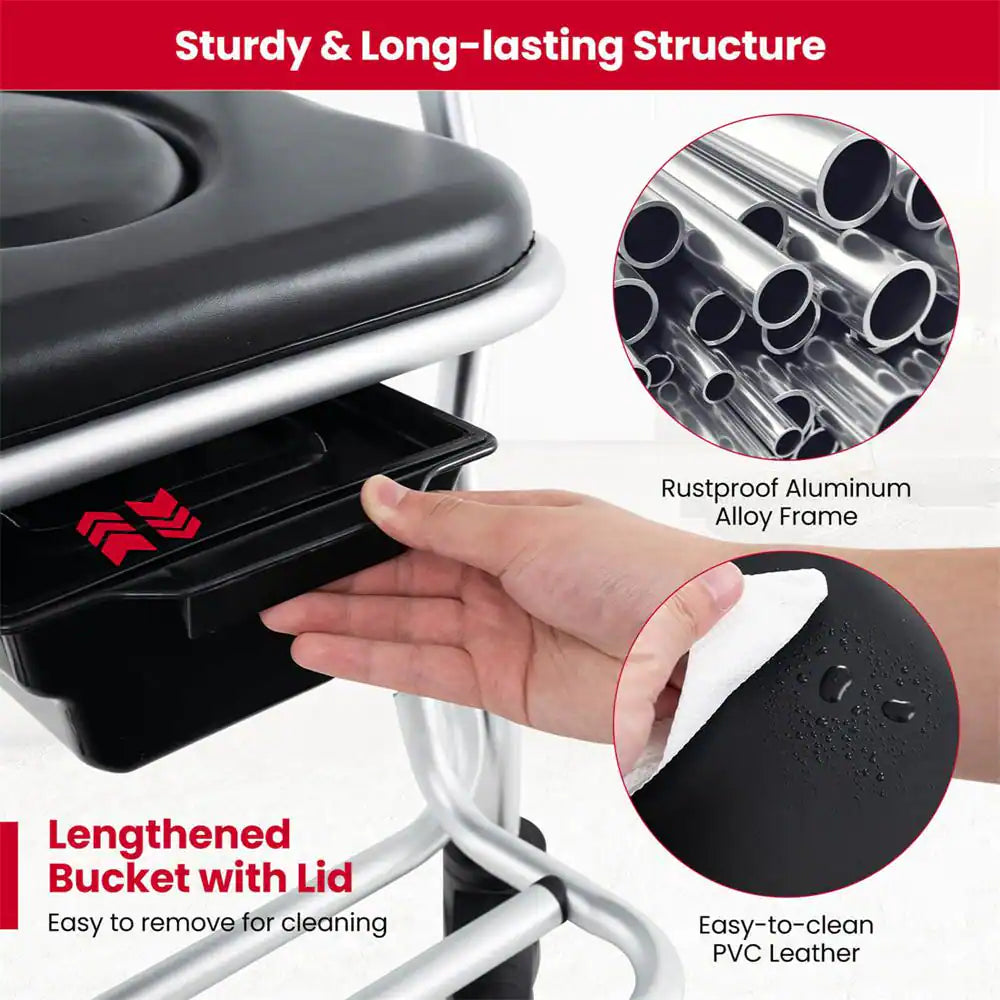30 In. X 21.5 In. 4-In-1 Bedside Commode Chair Toilet Seat with Brakes, Bucket Footrest Padded Seat & Backrest