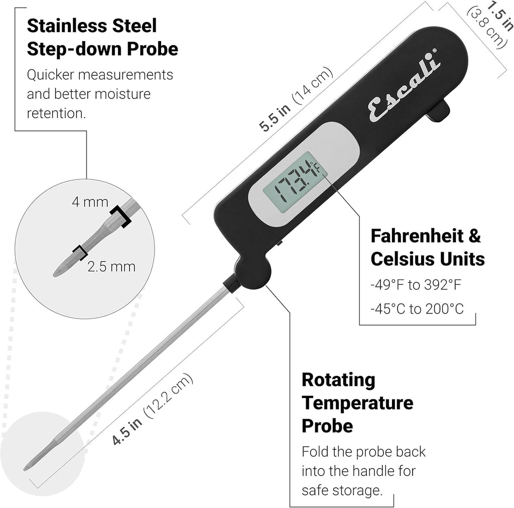 DH3 Folding Digital Kitchen Thermometer, Stainless Steel Folding Probe Black, Universal