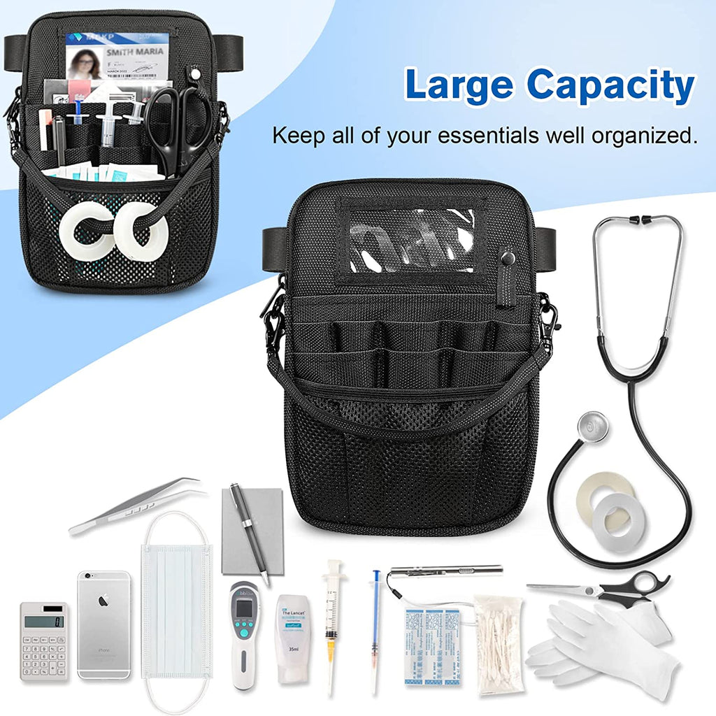 Nurse Fanny Pack with Tape Holder,  Multi Compartment Medical Gear Pocket Belt Bag Nursing Organizer Pouch | Utility Waist Pack for Stethoscopes, Bandage Scissors Other Medical Supplies, Black
