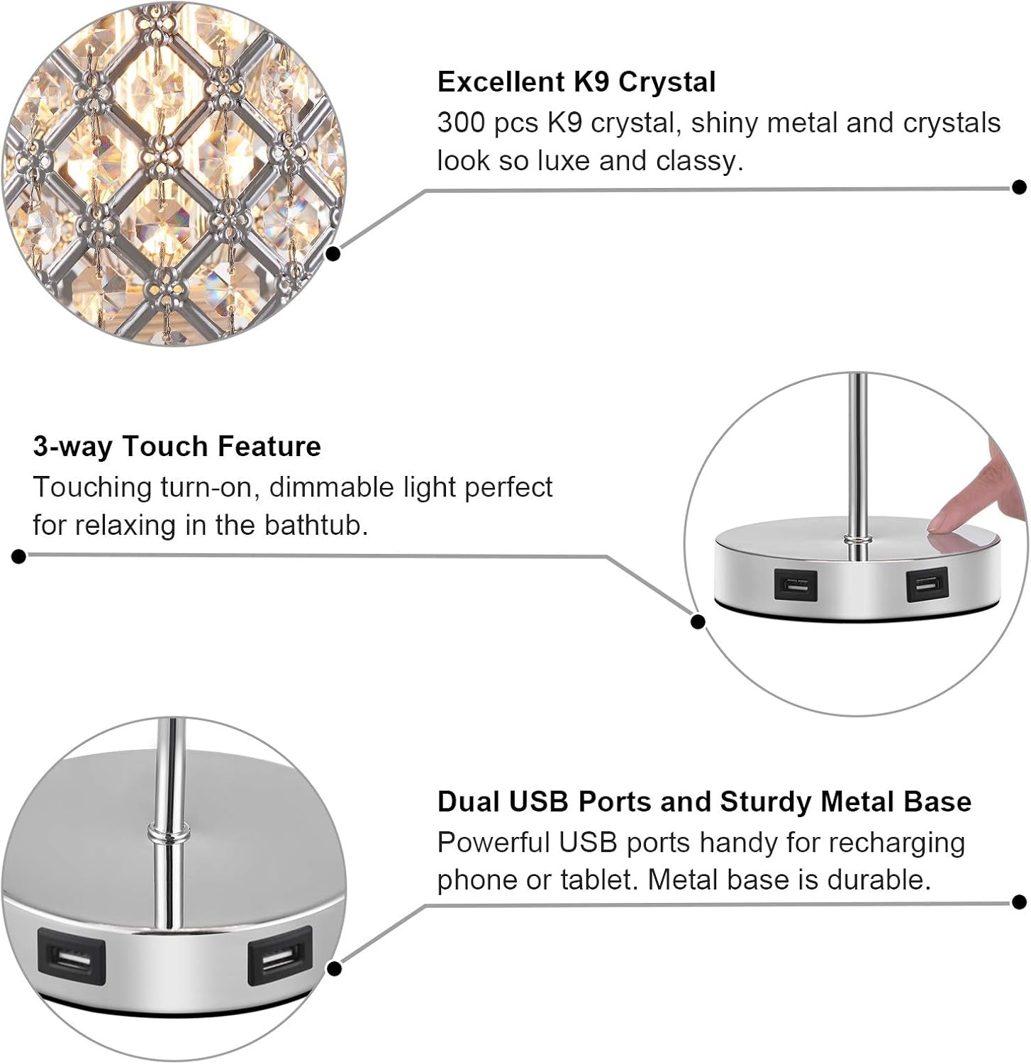 Set of 2 Touch Table Lamp, Sliver Crystal Lamp Set of 2, 3 Way Dimmable Bedside Lamps with Dual USB Ports, Nightstand Lamps for Bedrooms Desk Light for Girl Room, Living Room(Included 2 Bulbs)…