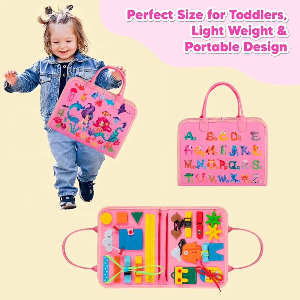 Busy Board Montessori Toys for Toddler Girls Birthday Gifts, Busy Book Learning Toy for Toddlers 1-4, Educational Learning Toy for Airplane Car Travel, Pink