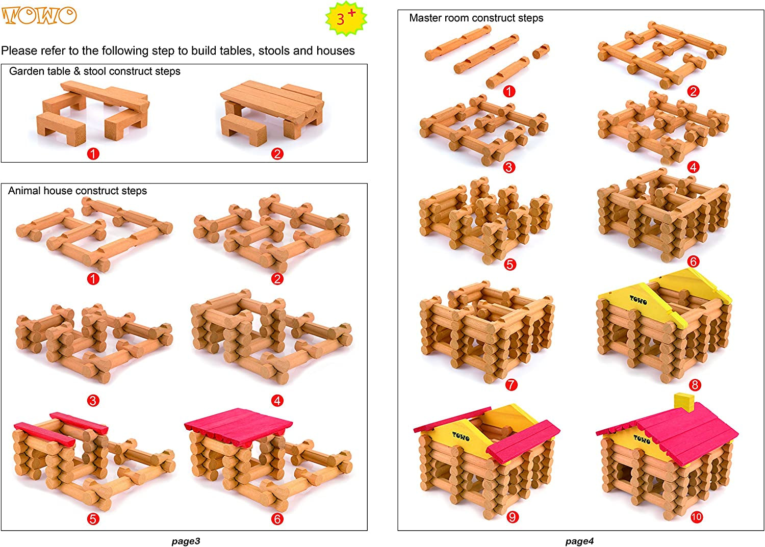 Wooden Logs Toys Farm Playset- Logs Building Set Farm House Wooden Construction Toys 207 Pieces for 3 4 5 6 Year Olds