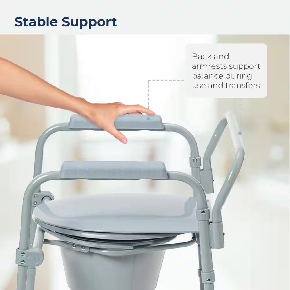 22.2 In. X 22.5 In. Folding Steel Bedside Commode Chair Portable Toilet Seat Supports Bariatric Individuals in Gray