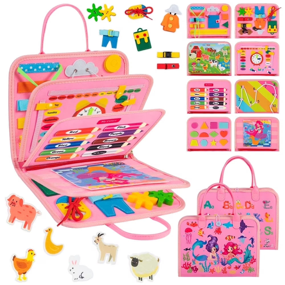 Busy Board Montessori Toys for Toddler Girls Birthday Gifts, Busy Book Learning Toy for Toddlers 1-4, Educational Learning Toy for Airplane Car Travel, Pink