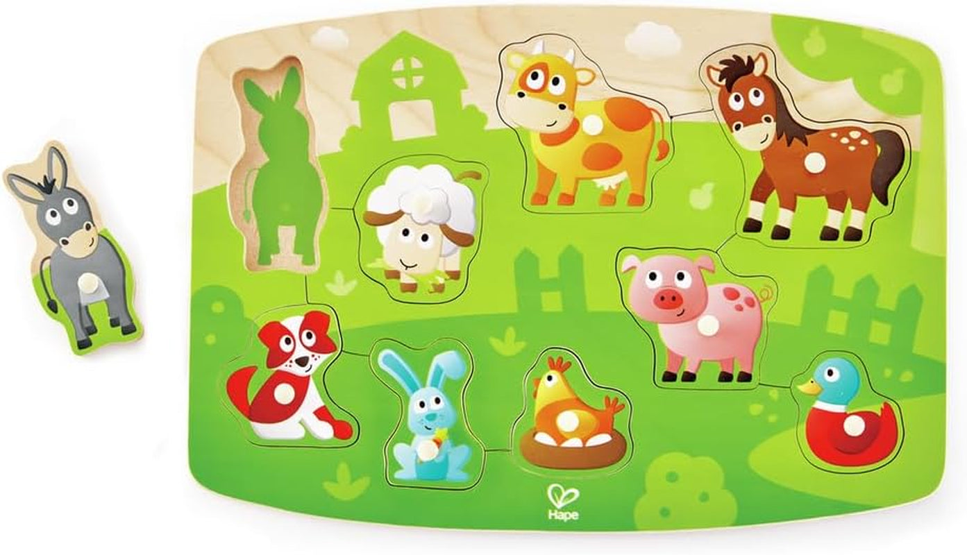 Farmyard Peg Puzzle | 10 Piece Wooden Animal Peg Jigsaw Puzzle Game, Learning Toy for Toddlers, Multicolor, 5'' X 2''