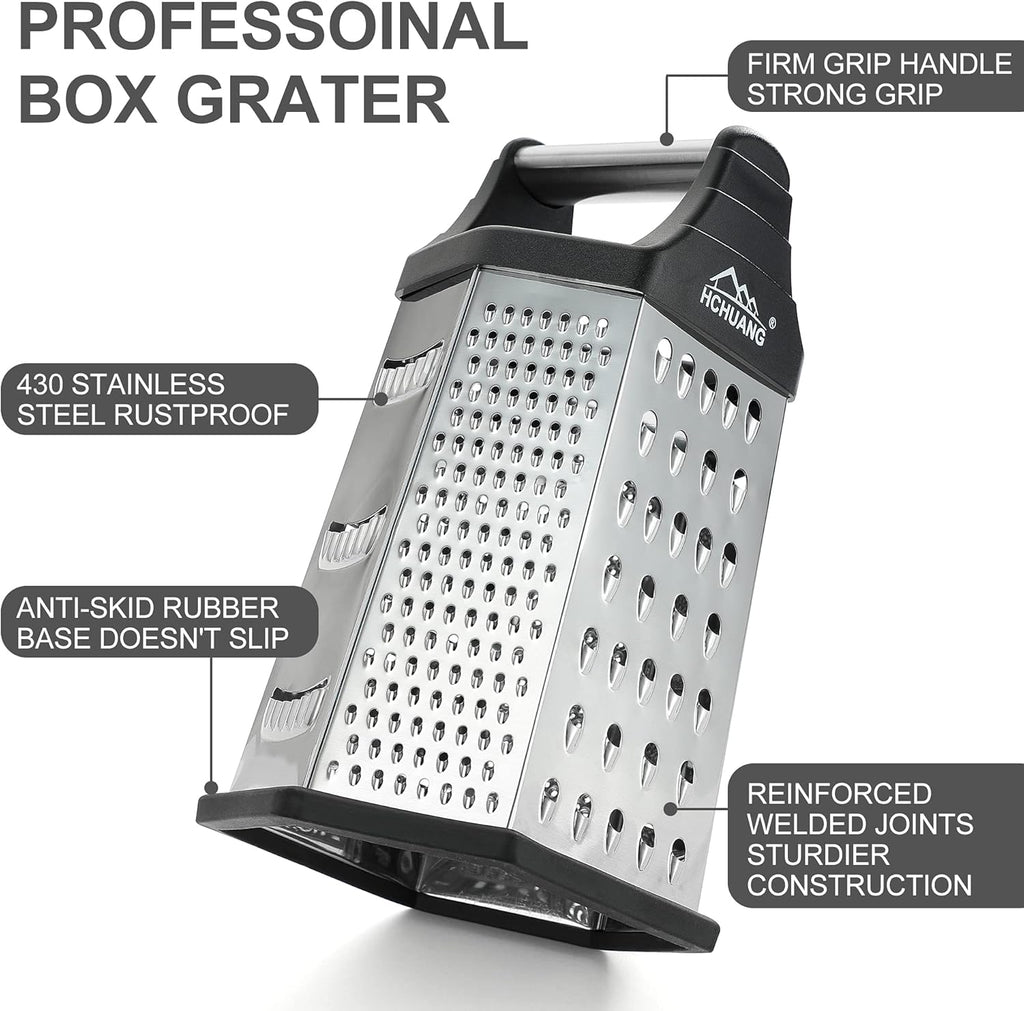 Professional Box Grater,Nonstick Coating Stainless Steel with 6 Sides - Vegetable Chopper, Kitchen Cutter, Shredder for Cheese & Vegetables (6-In-1)