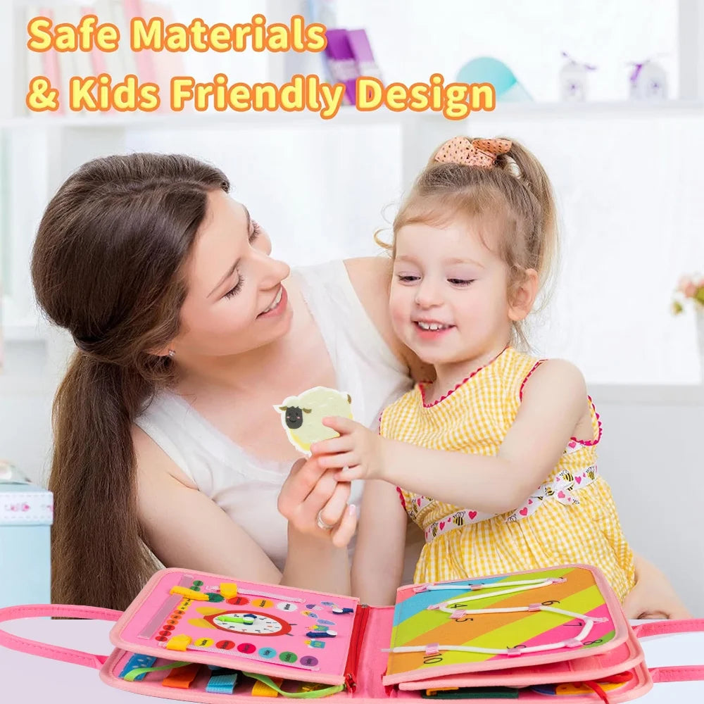 Busy Board Montessori Toys for Toddler Girls Birthday Gifts, Busy Book Learning Toy for Toddlers 1-4, Educational Learning Toy for Airplane Car Travel, Pink