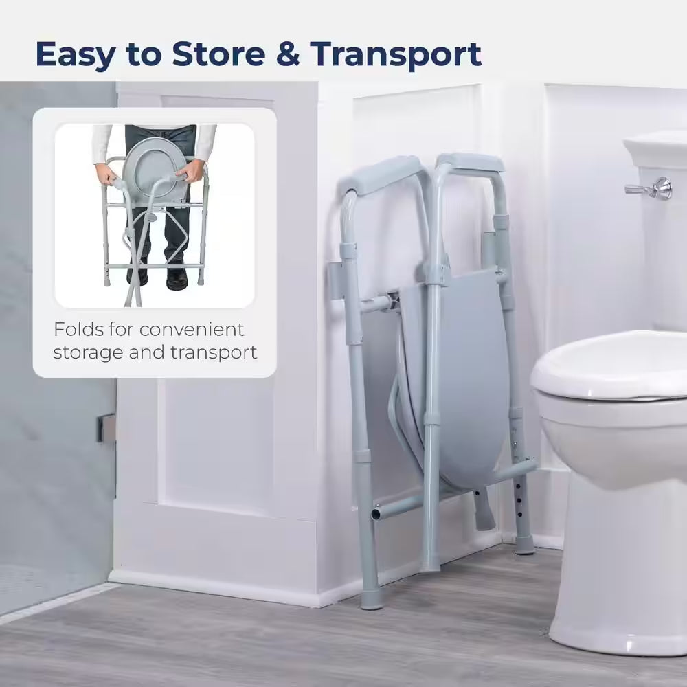 22.2 In. X 22.5 In. Folding Steel Bedside Commode Chair Portable Toilet Seat Supports Bariatric Individuals in Gray