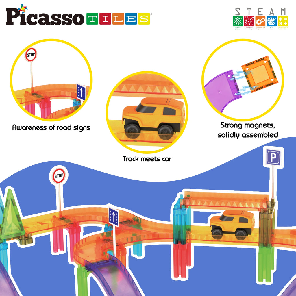Picassotiles Mini Magnetic Race Track Tiles for Kids – 60PCS STEM Construction Building Blocks Toy Set with Racing Car, Travel Size