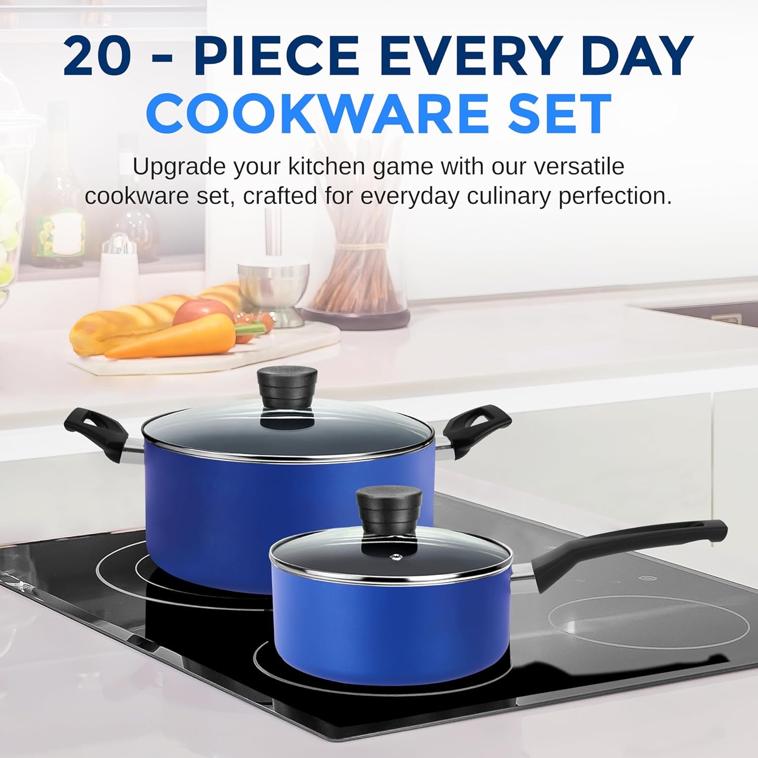 20-Piece Blue Cookware Set with Knives - Includes Multi-Sized Pots and Pans Set Non Stick with Lids and Utensils, Heat Resistant, Dishwasher Safe