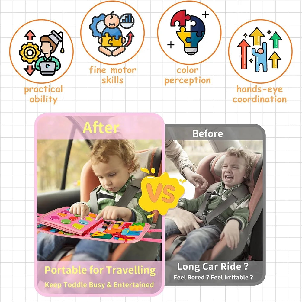 Busy Board Montessori Toys for Toddler Girls Birthday Gifts, Busy Book Learning Toy for Toddlers 1-4, Educational Learning Toy for Airplane Car Travel, Pink