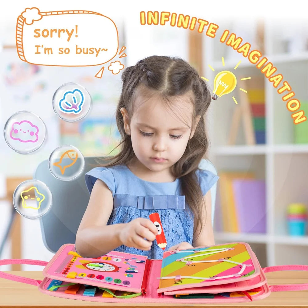 Busy Board Montessori Toys for Toddler Girls Birthday Gifts, Busy Book Learning Toy for Toddlers 1-4, Educational Learning Toy for Airplane Car Travel, Pink