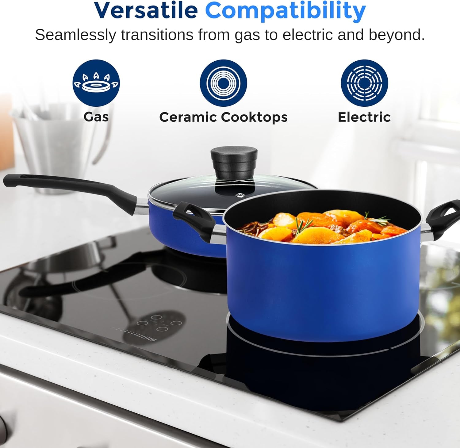 20-Piece Blue Cookware Set with Knives - Includes Multi-Sized Pots and Pans Set Non Stick with Lids and Utensils, Heat Resistant, Dishwasher Safe