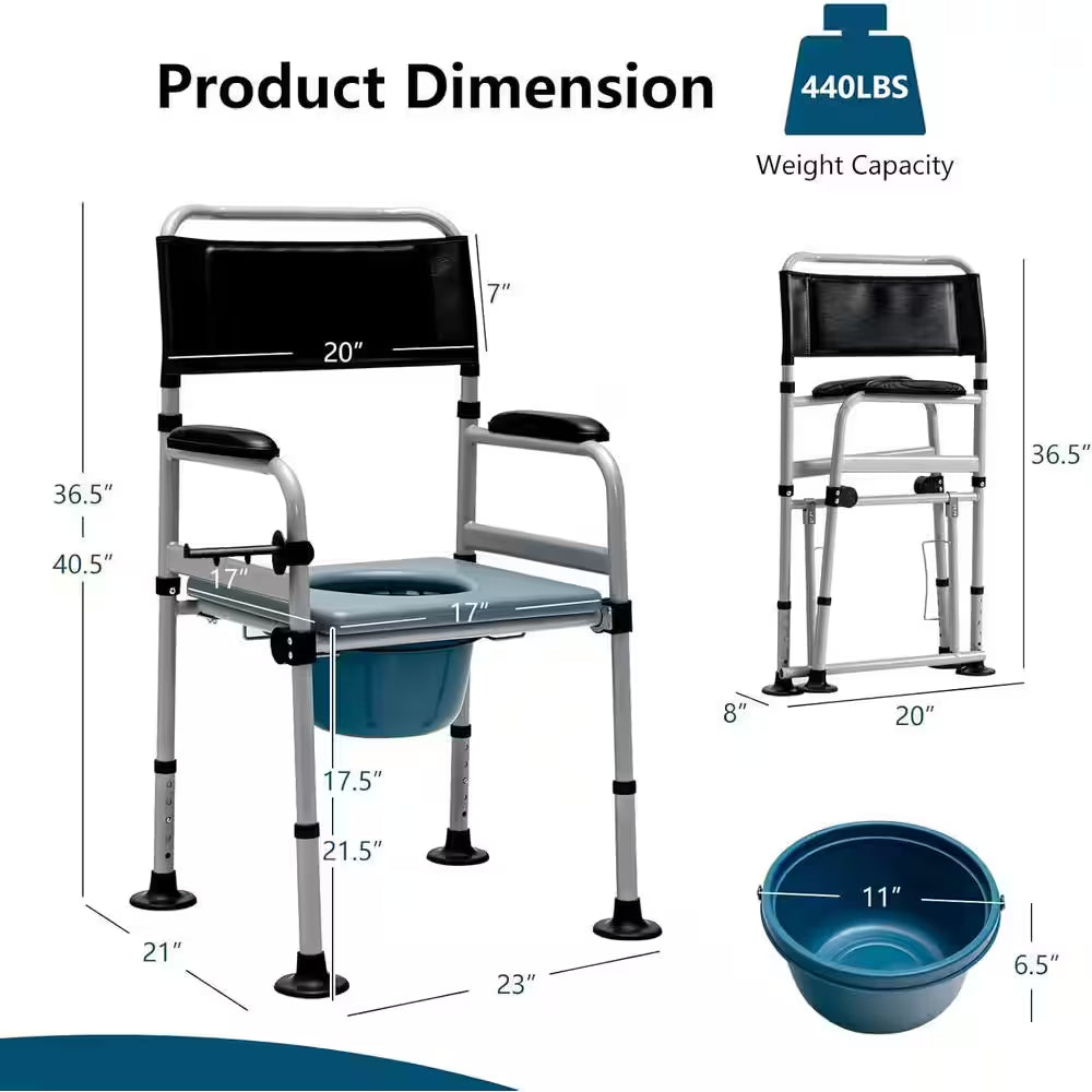 23 In. X 31 In. Folding Bedside Commode Chair with Elevated Toilet Seat for Seniors Elderly Disabled