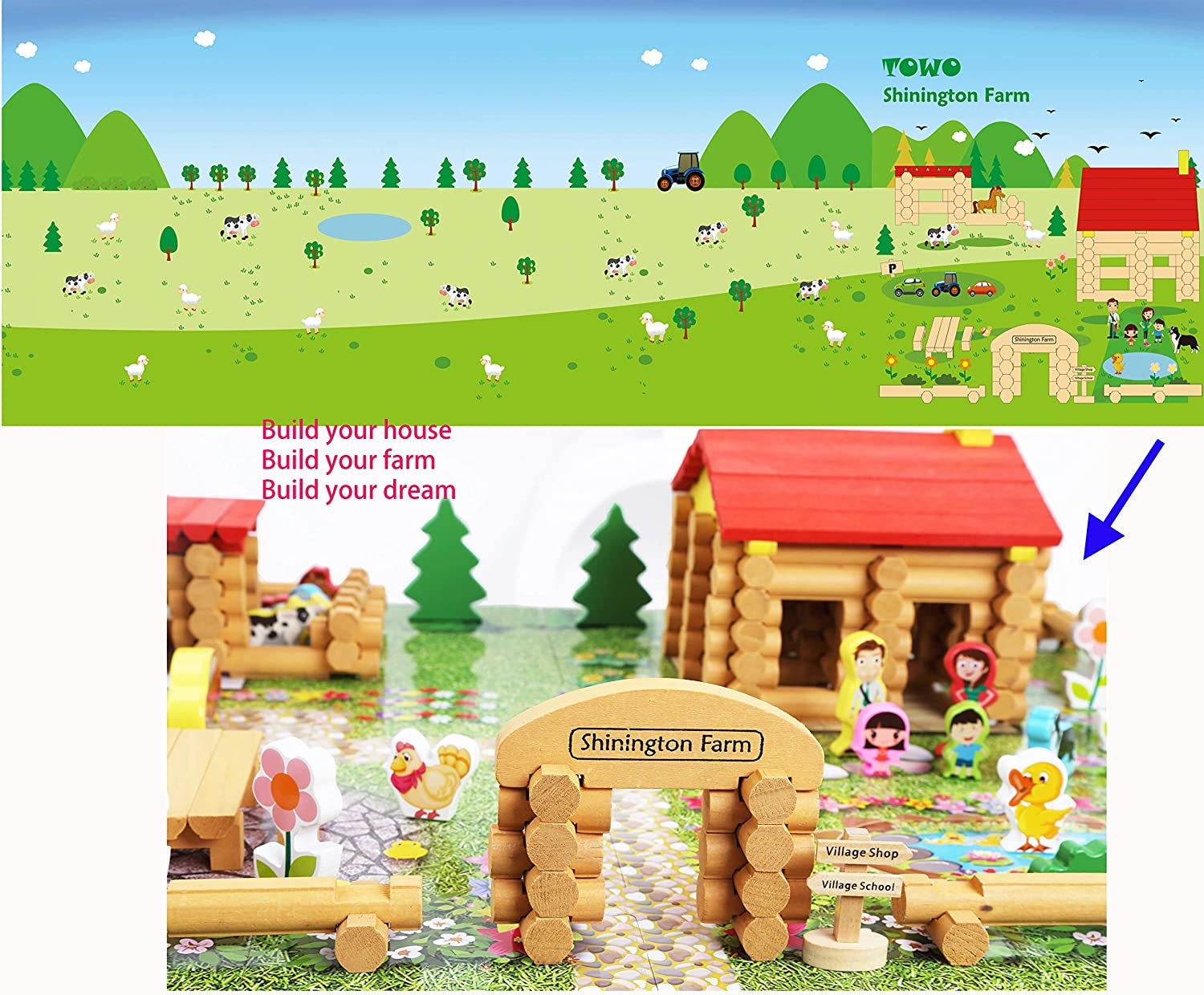 Wooden Logs Toys Farm Playset- Logs Building Set Farm House Wooden Construction Toys 207 Pieces for 3 4 5 6 Year Olds