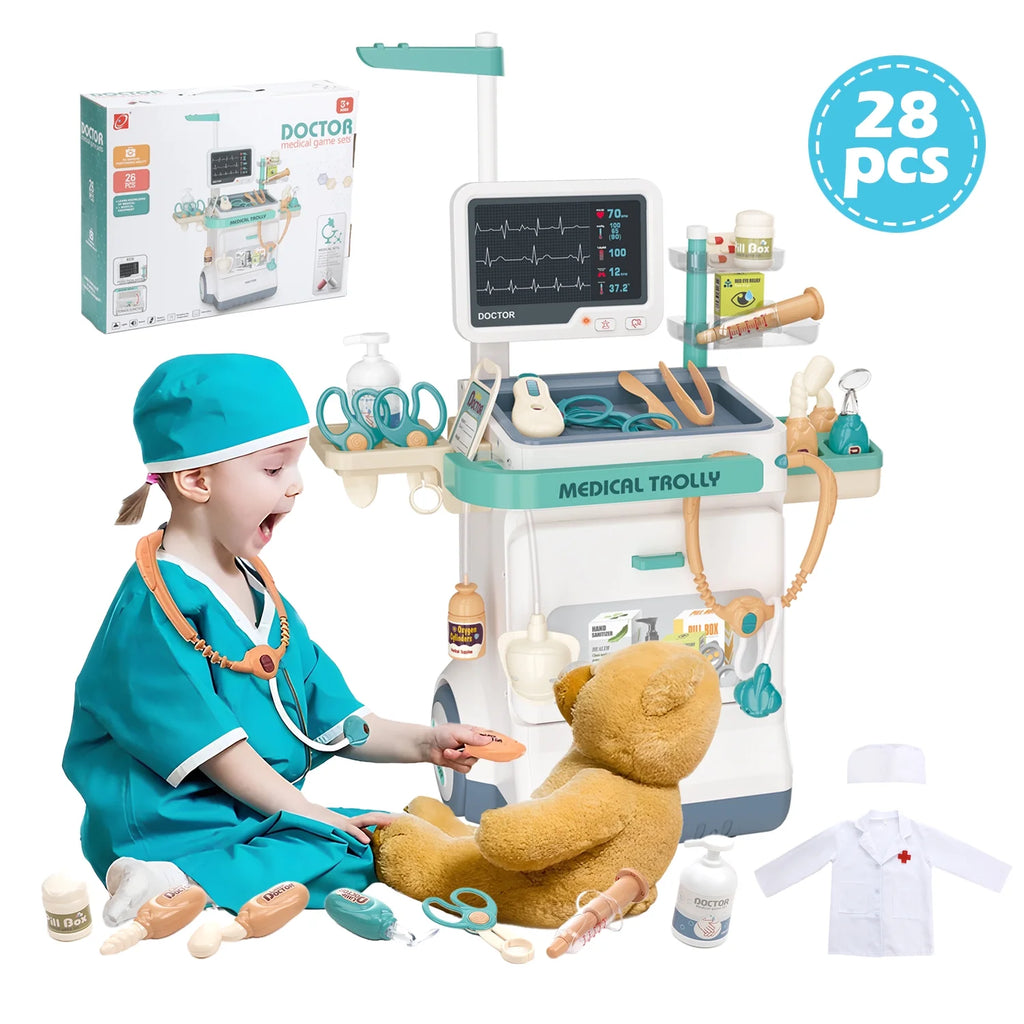 28PCS Doctor Kit for Kids, Pretend Medical Station Toy Set for Girls Boys, Mobile Cart Doctor Role Play Toys for Toddler Gift Age 3+