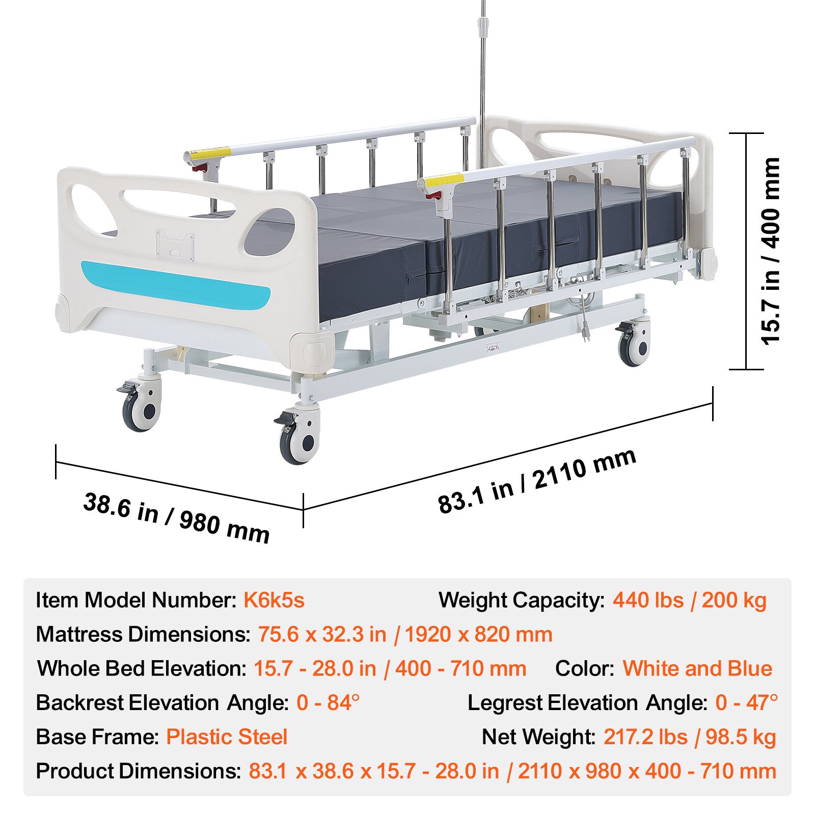 Premium 3 Function Full Electric Hospital Bed ICU Medical Bed 440LBS Loads