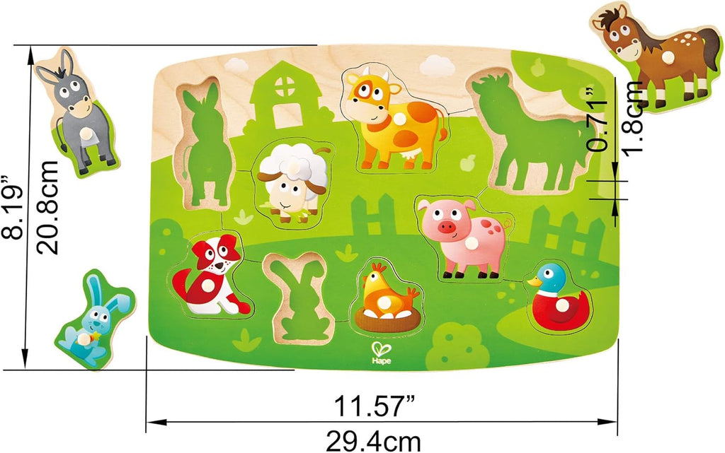 Farmyard Peg Puzzle | 10 Piece Wooden Animal Peg Jigsaw Puzzle Game, Learning Toy for Toddlers, Multicolor, 5'' X 2''