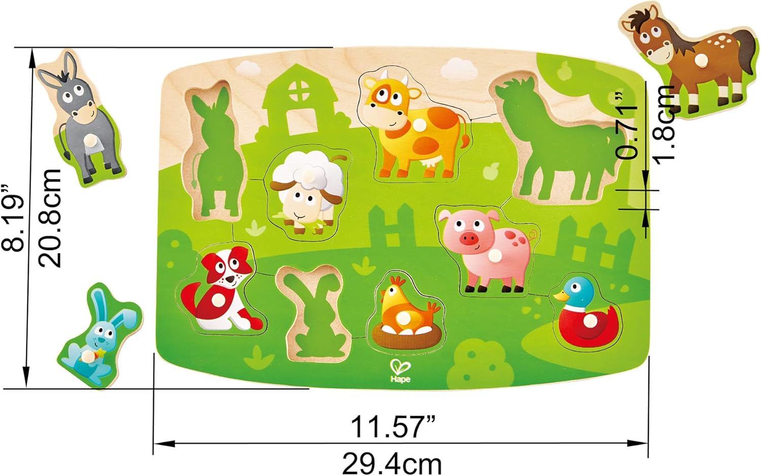 Farmyard Peg Puzzle | 10 Piece Wooden Animal Peg Jigsaw Puzzle Game, Learning Toy for Toddlers, Multicolor, 5'' X 2''