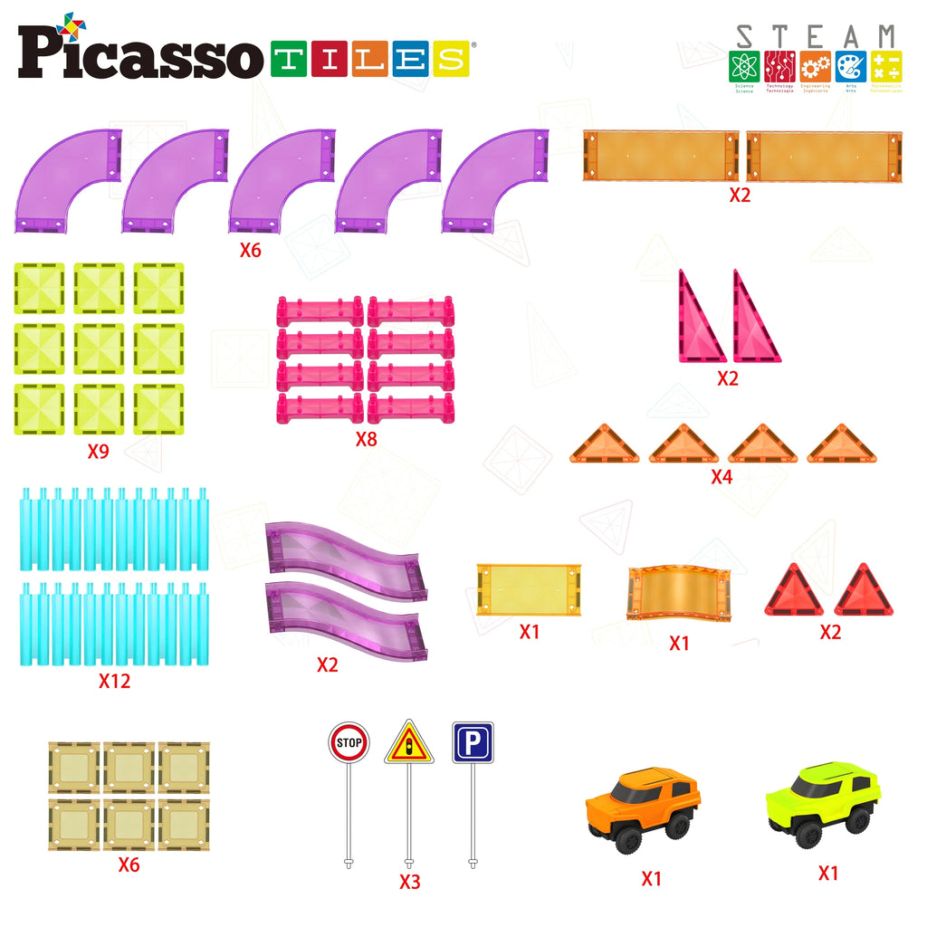 Picassotiles Mini Magnetic Race Track Tiles for Kids – 60PCS STEM Construction Building Blocks Toy Set with Racing Car, Travel Size