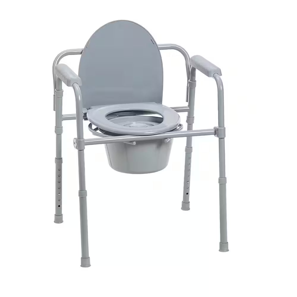 22.2 In. X 22.5 In. Folding Steel Bedside Commode Chair Portable Toilet Seat Supports Bariatric Individuals in Gray