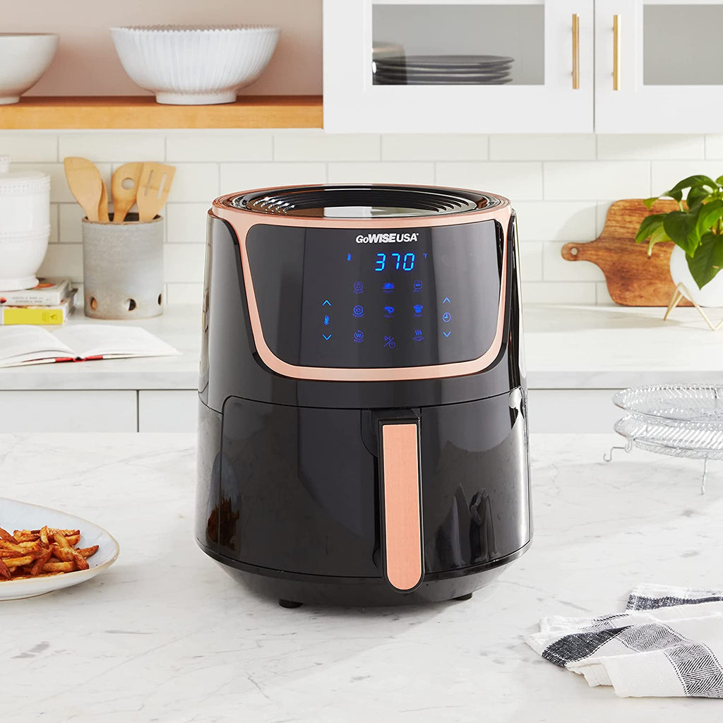 USA GW22955 7-Quart Electric Air Fryer with Dehydrator & 3 Stackable Racks, Digital Touchscreen with 8 Functions + Recipes, 7.0-Qt, Black/Copper