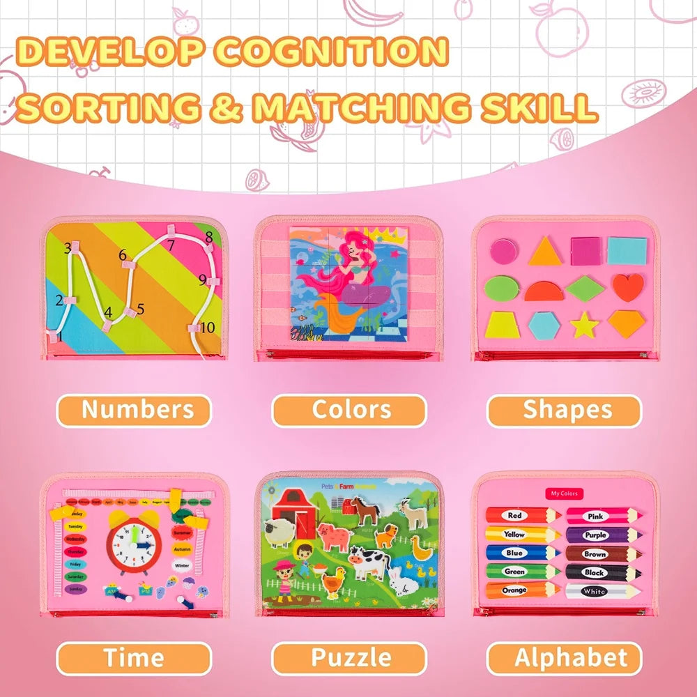 Busy Board Montessori Toys for Toddler Girls Birthday Gifts, Busy Book Learning Toy for Toddlers 1-4, Educational Learning Toy for Airplane Car Travel, Pink