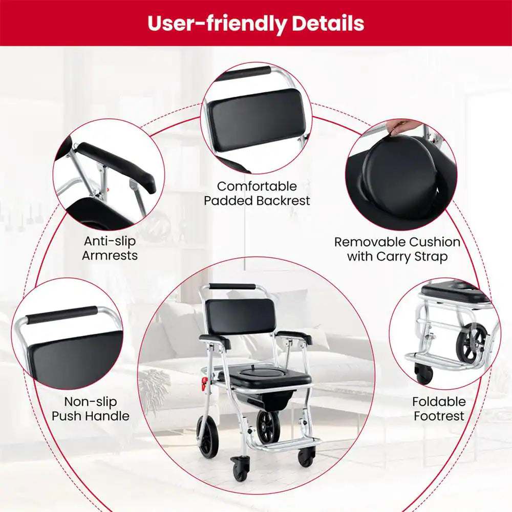 30 In. X 21.5 In. 4-In-1 Bedside Commode Chair Toilet Seat with Brakes, Bucket Footrest Padded Seat & Backrest